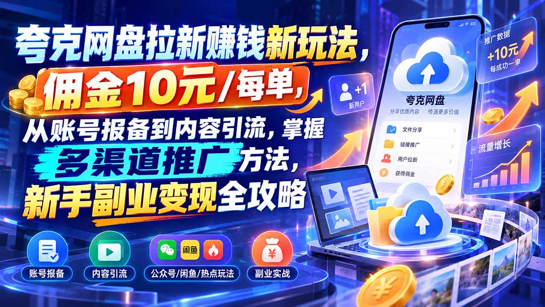 夸克网盘拉新赚钱新玩法，佣金10元/每单，从账号报备到内容引流，掌握多渠道推广方法，新手副业变现全攻略-MFXUI中国站