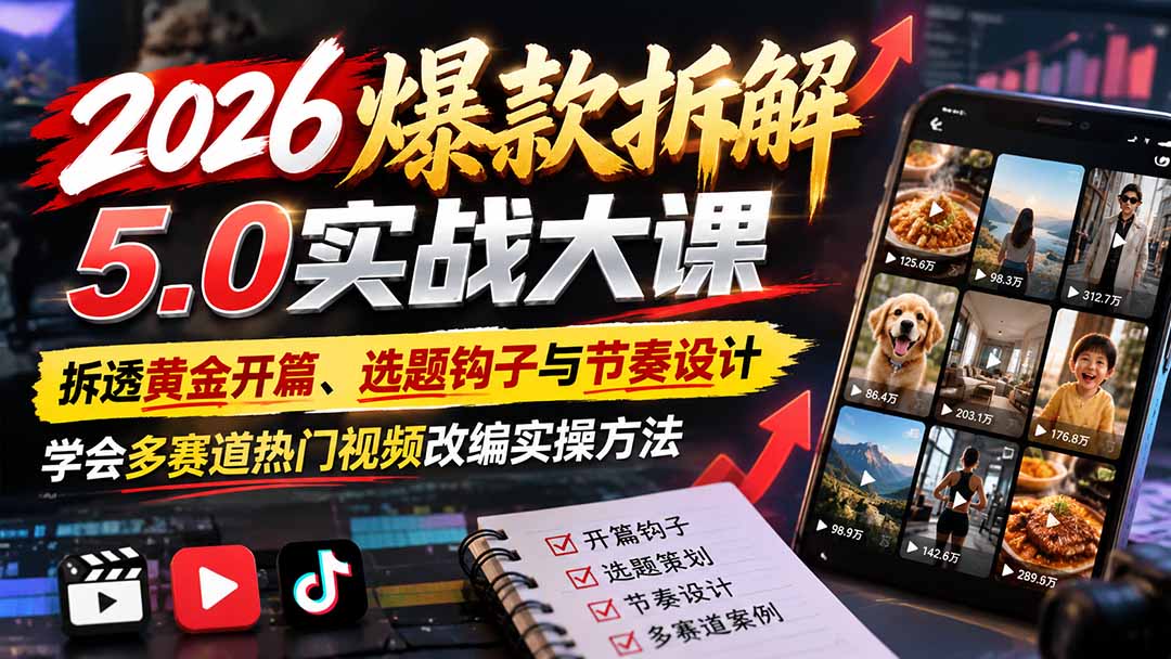 2026爆款拆解5.0实战大课：拆透黄金开篇、选题钩子与节奏设计，学会多赛道热门视频改编实操方法-MFXUI中国站