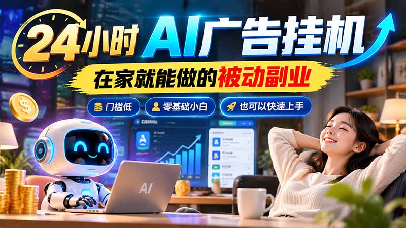 24小时AI广告挂机｜在家就能做的被动副业，门槛低，零基础小白也可以快速上手-MFXUI中国站