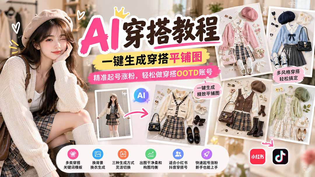 【无水印】AI穿搭教程｜一键生成穿搭平铺图，精准起号涨粉，轻松做穿搭OOTD账号-MFXUI中国站
