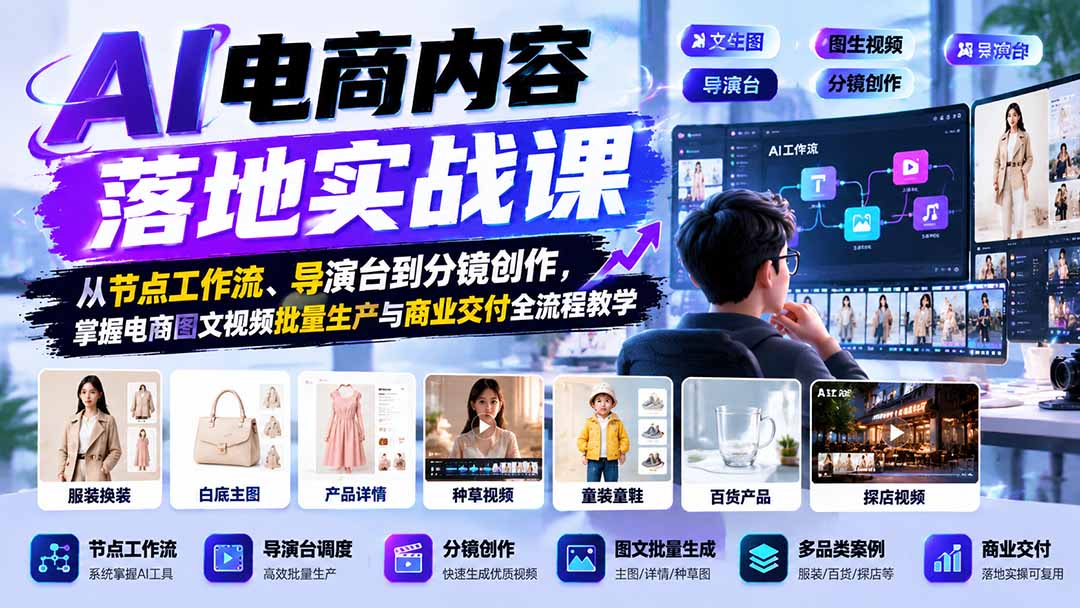 AI电商内容落地实战课：从节点工作流、导演台到分镜创作，掌握电商图文视频批量生产与商业交付全流程教学-MFXUI中国站