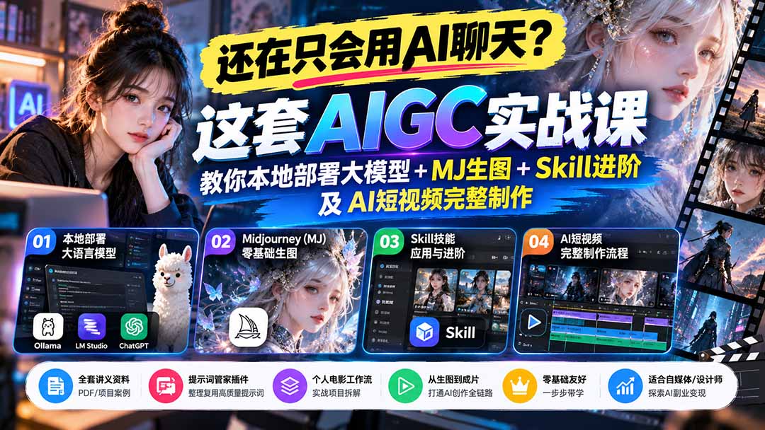 【无水印】还在只会用AI聊天？这套AIGC实战课教你本地部署大模型+MJ生图+Skill进阶及AI短视频完整制作-MFXUI中国站