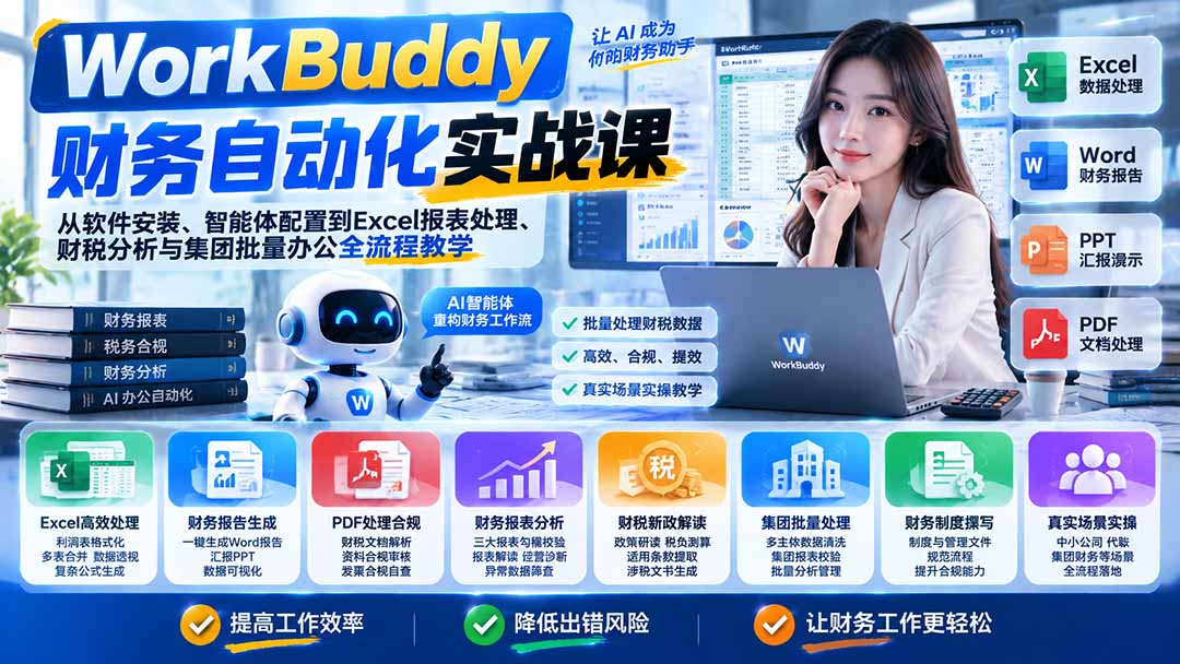WorkBuddy财务自动化实战课：从软件安装、智能体配置到Excel报表处理、财税分析与集团批量办公全流程教学-MFXUI中国站