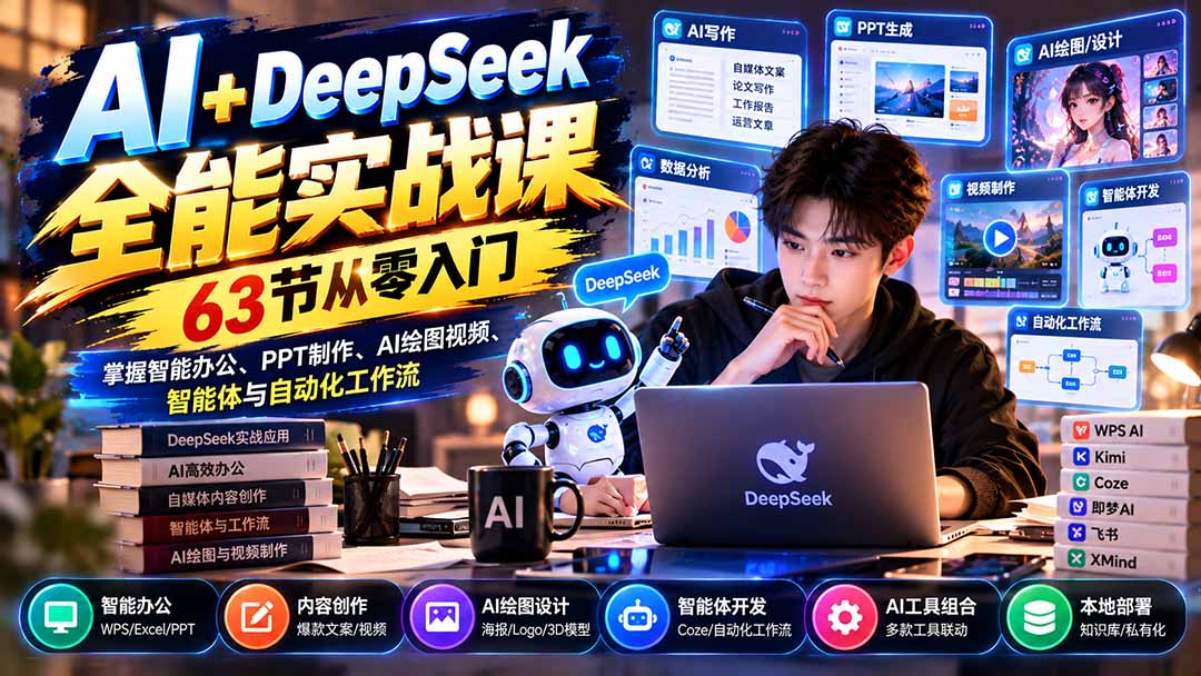 AI+DeepSeek全能实战课：63节从零入门，掌握智能办公、PPT制作、AI绘图视频、智能体与自动化工作流-MFXUI中国站