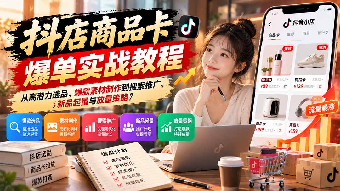 抖店商品卡爆单实战教程：从高潜力选品、爆款素材制作到搜索推广、新品起量与放量策略-MFXUI中国站