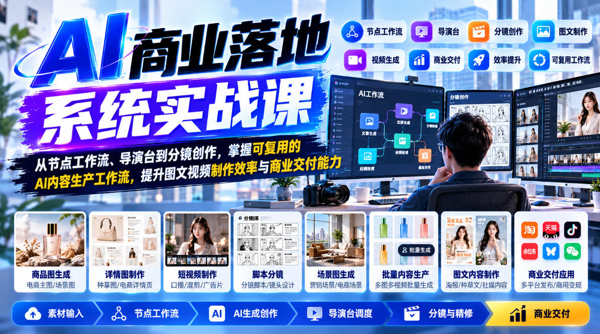 【无水印】AI商业落地系统实战课，从节点工作流、导演台到分镜创作，掌握可复用的AI内容生产工作流，提升图文视频制作效率与商业交付能力-MFXUI中国站