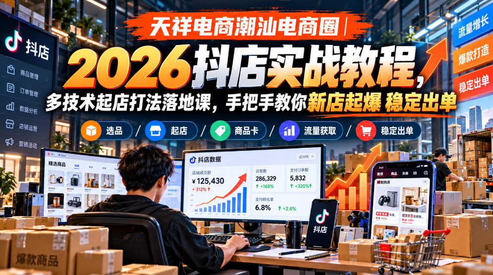 天祥电商潮汕电商圈｜2026抖店实战教程，多技术起店打法落地课，手把手教你新店起爆稳定出单-MFXUI中国站