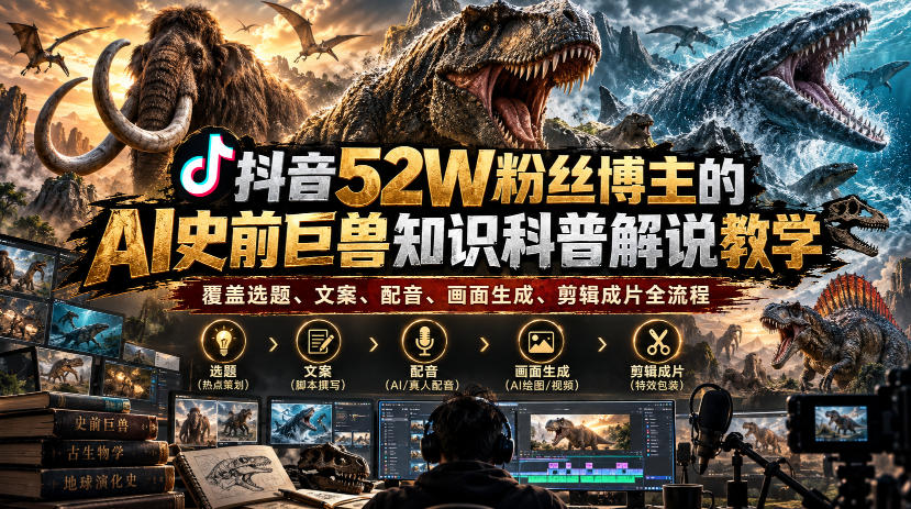 抖音52W粉丝博主的AI史前巨兽知识科普解说教学，覆盖选题、文案、配音、画面生成、剪辑成片全流程-MFXUI中国站