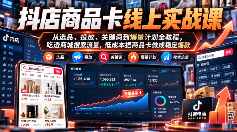 抖店商品卡线上实战课｜从选品、投放、关键词到爆量计划全教程，吃透商城搜索流量，低成本把商品卡做成稳定爆款-MFXUI中国站