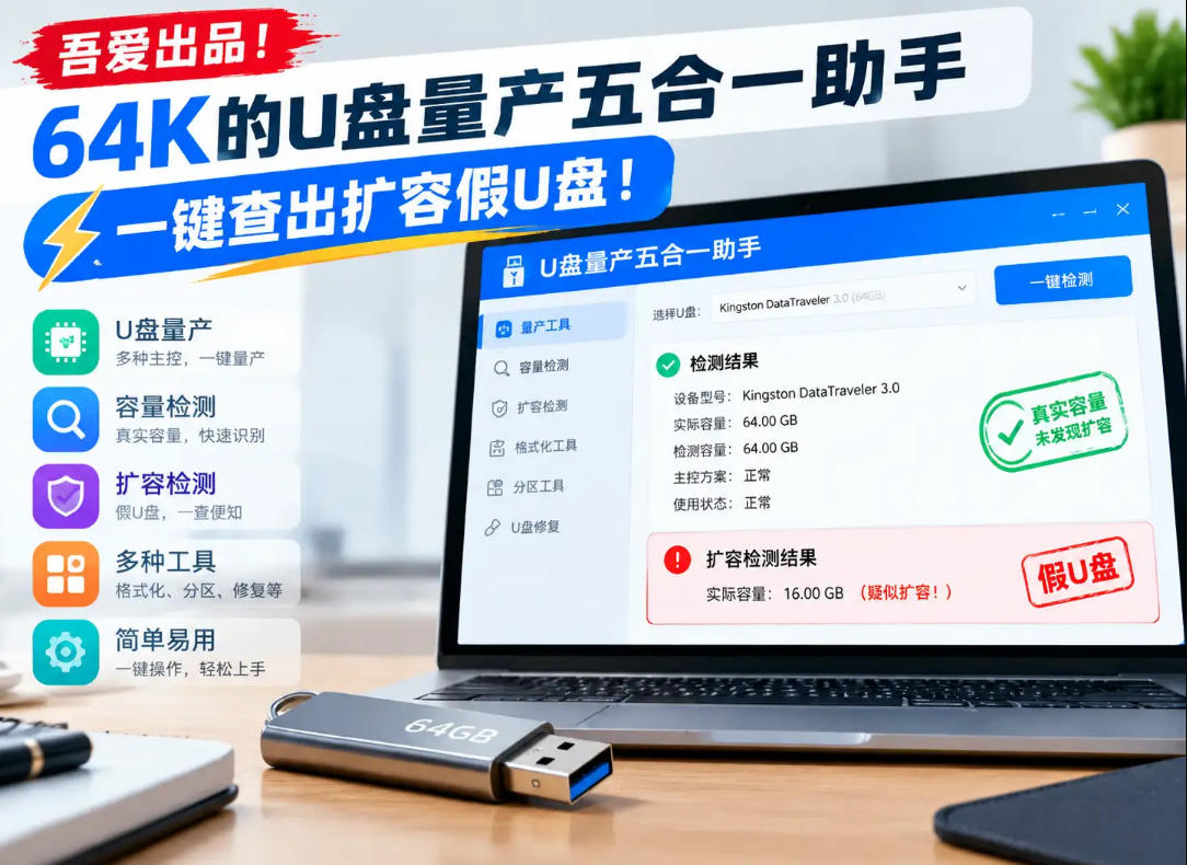 吾爱出品！64K的U盘量产五合一助手，一键查出扩容假U盘！-MFXUI中国站