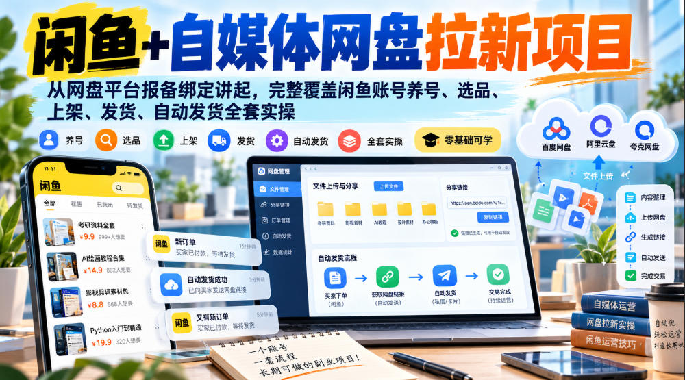 闲鱼+自媒体网盘拉新项目，从网盘平台报备绑定讲起，完整覆盖闲鱼账号养号、选品、上架、发货、自动发货全套实操-MFXUI中国站