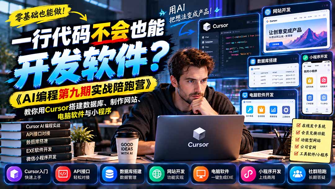 一行代码不会也能开发软件？《AI编程第九期实战陪跑营》教你用Cursor搭建数据库、制作网站、电脑软件与小程序-MFXUI中国站