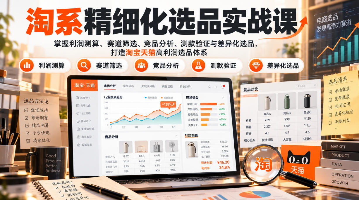 货架电商精细化选品实战课：掌握利润测算、赛道筛选、竞品分析、测款验证与差异化选品，打造淘宝天猫高利润选品体系-MFXUI中国站