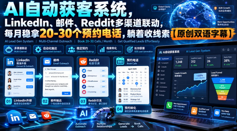 【无水印】AI自动获客系统，LinkedIn、邮件、Reddit多渠道联动，每月稳拿20-30个预约电话，躺着收线索【原创双语字幕】-MFXUI中国站
