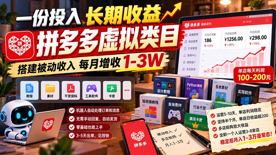 一份投入长期收益，拼多多虚拟类目，搭建被动收入每月增收 1-3W-MFXUI中国站