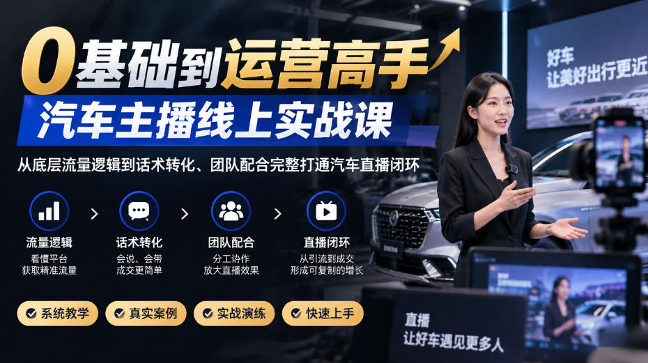 0基础到运营高手，汽车主播线上实战课，从底层流量逻辑到话术转化、团队配合完整打通汽车直播闭环-MFXUI中国站