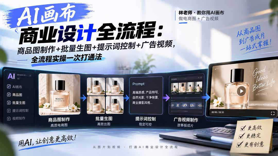 AI画布商业设计全流程-更新1026：商品图制作+批量生图+提示词控制+广告视频，全流程实操一次打通法-MFXUI中国站