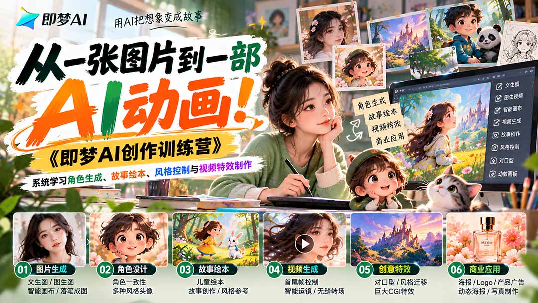 【无水印】从一张图片到一部AI动画!《即梦AI创作训练营》系统学习角色生成、故事绘本、风格控制与视频特效制作-MFXUI中国站