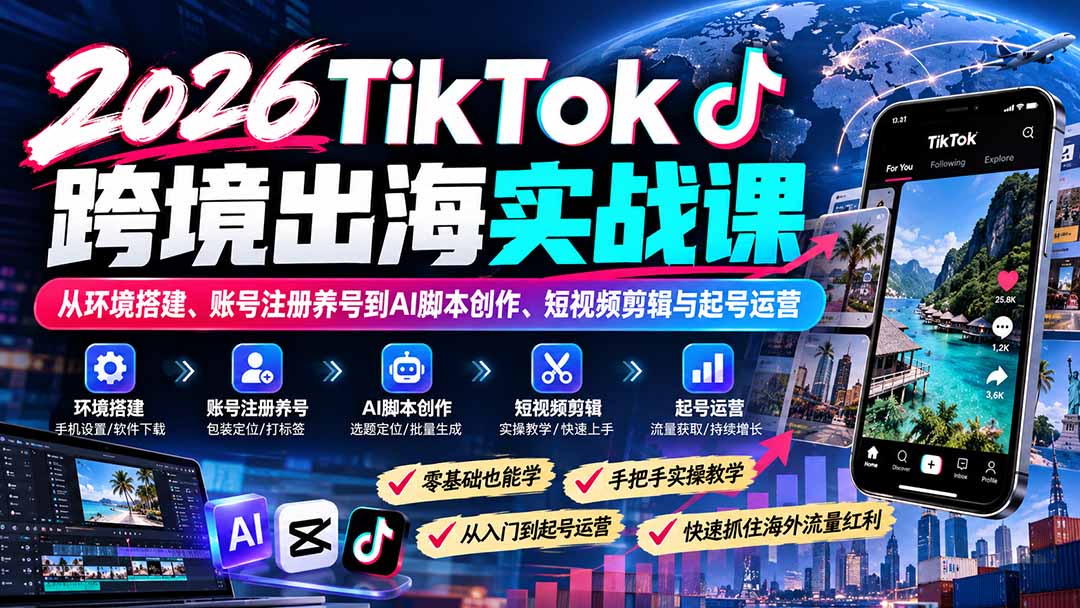 2026TikTok跨境出海实战课：从环境搭建、账号注册养号到AI脚本创作、短视频剪辑与起号运营-MFXUI中国站