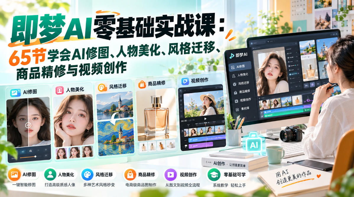 即梦AI零基础实战课：65节学会AI修图、人物美化、风格迁移、商品精修与视频创作-MFXUI中国站