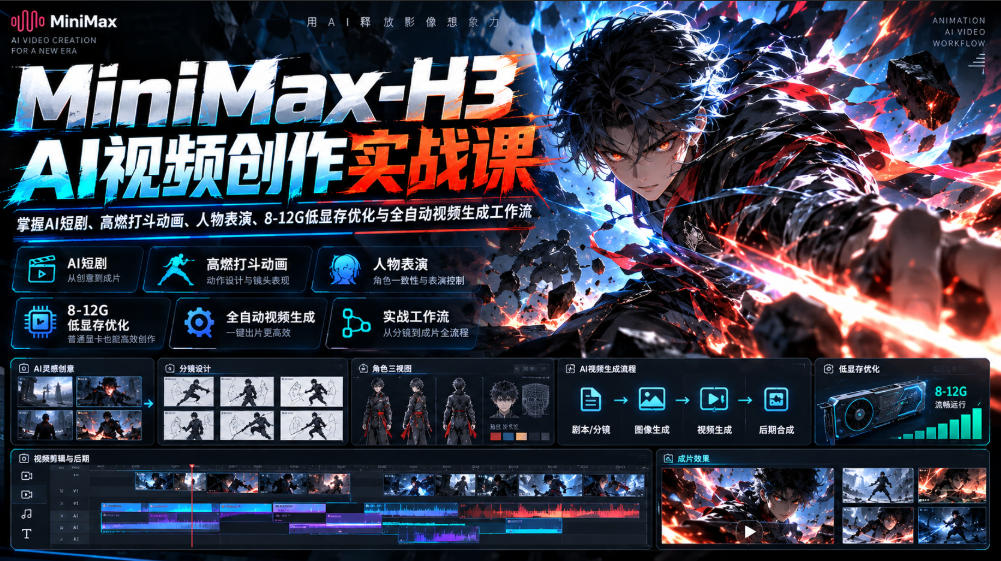 MiniMax-H3 AI视频创作实战课,掌握AI短剧、高燃打斗动画、人物表演、8-12G低显存优化与全自动视频生成工作流-MFXUI中国站