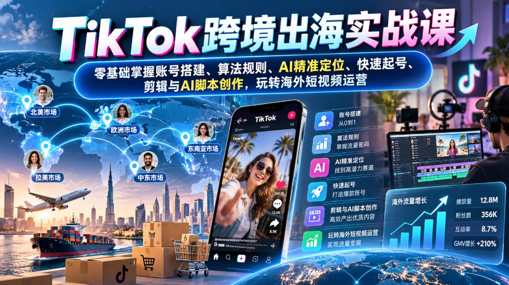 TikTok跨境出海实战课：零基础掌握账号搭建、算法规则、AI精准定位、快速起号、剪辑与AI脚本创作，玩转海外短视频运营-MFXUI中国站