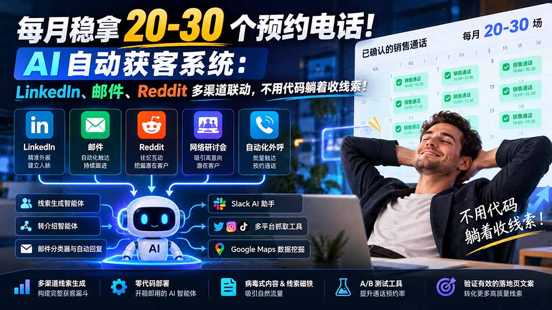 每月稳拿 20-30 个预约电话！AI 自动获客系统：LinkedIn、邮件、Reddit 多渠道联动，不用代码躺着收线索！-MFXUI中国站