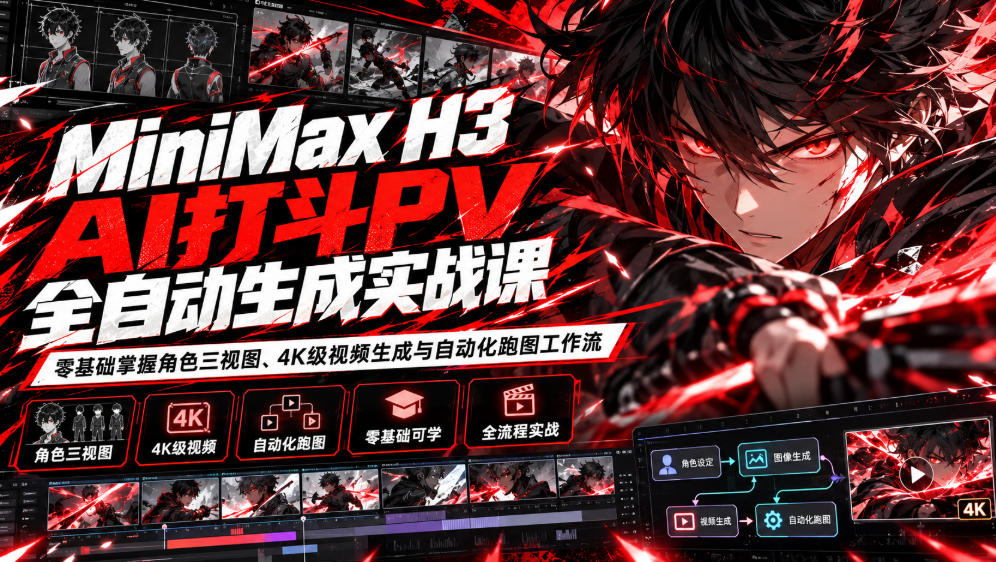 MiniMax H3 AI打斗PV全自动生成实战课：零基础掌握角色三视图、4K级视频生成与自动化跑图工作流-MFXUI中国站