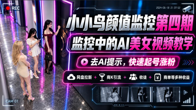 小小鸟颜值监控第四期，监控中的AI美女视频教学，去AI提示，快速起号涨粉，网盘拉新+商K引流+收徒+商单等多种收益-MFXUI中国站