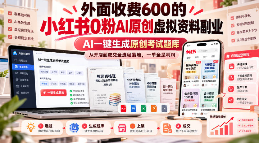外面收费600的小红书0粉AI原创虚拟资料副业,AI一键生成原创考试题库,从开店到成交全流程落地,一单全是利润-MFXUI中国站