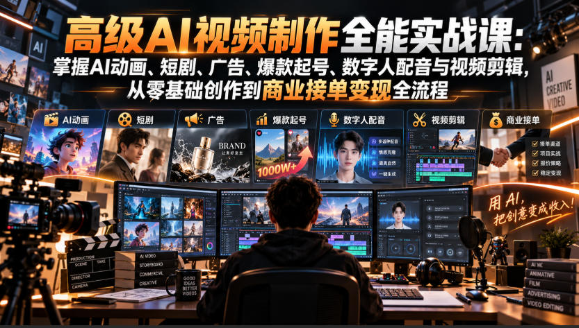 高级AI视频制作全能实战课：掌握AI动画、短剧、广告、爆款起号、数字人配音与视频剪辑，从零基础创作到商业接单变现全流程-MFXUI中国站