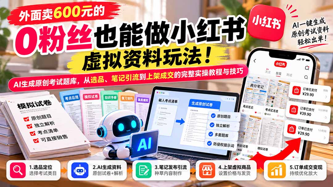 外面卖600元的 零粉丝也能做小红书虚拟资料玩法！AI生成原创考试题库，从选品、笔记引流到上架成交的完整实操教程-MFXUI中国站