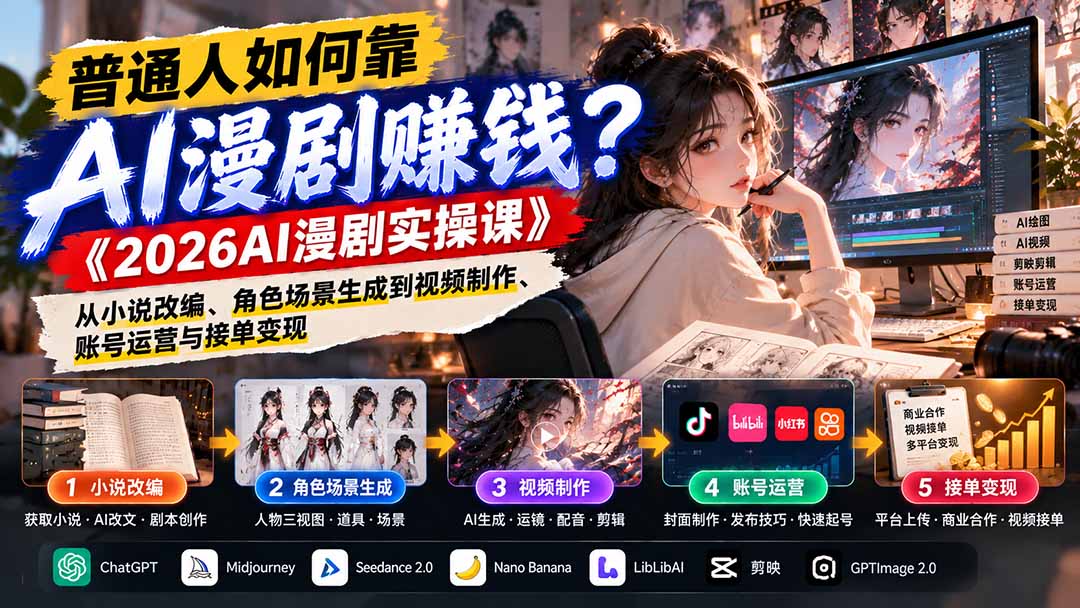 普通人如何靠AI漫剧赚钱?《2026AI漫剧实操课》从小说改编、角色场景生成到视频制作、账号运营与接单变现-MFXUI中国站