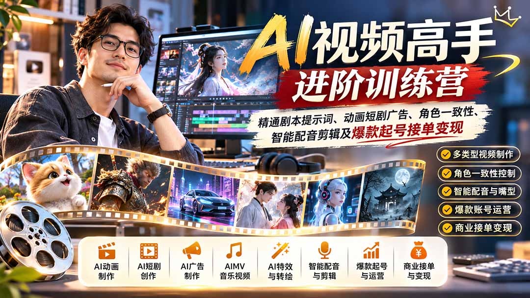 AI视频高手进阶训练营:精通剧本提示词、动画短剧广告、角色一致性、智能配音剪辑及爆款起号接单变现-MFXUI中国站