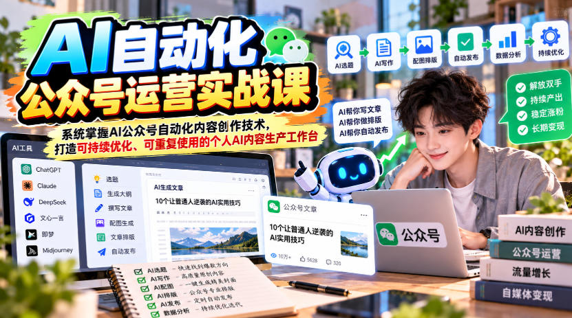 AI自动化公众号运营实战课，系统掌握AI公众号自动化内容创作技术，打造可持续优化、可重复使用的个人AI内容生产工作台-MFXUI中国站