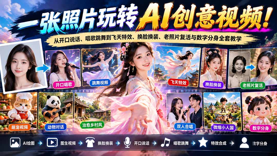 一张照片玩转AI创意视频！从开口说话、唱歌跳舞到飞天特效、换脸换装、老照片复活与数字分身全套教学-MFXUI中国站