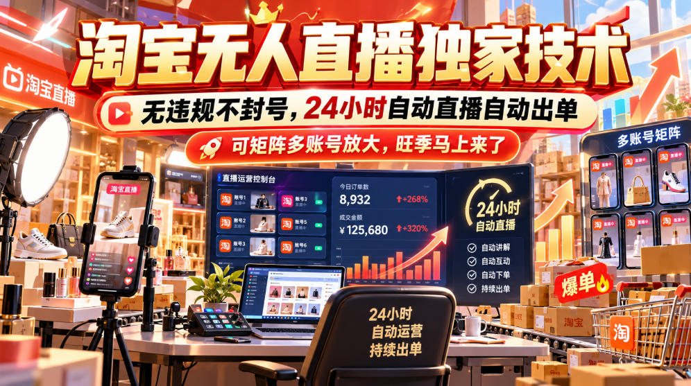淘宝无人直播独家技术,无违规不封号,24小时自动直播自动出单,可矩阵多账号放大,旺季马上来了【揭秘】