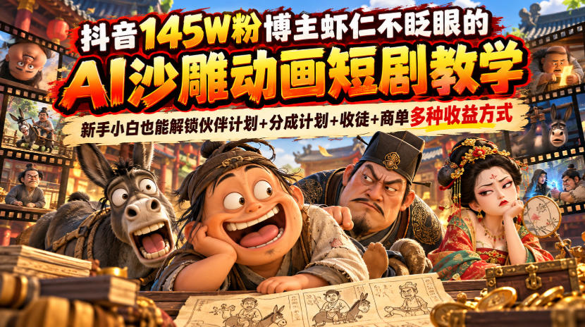 抖音145W粉博主虾仁不眨眼的AI沙雕动画短剧教学，新手小白也能解锁伙伴计划+分成计划+收徒+商单多种收益方式-MFXUI中国站