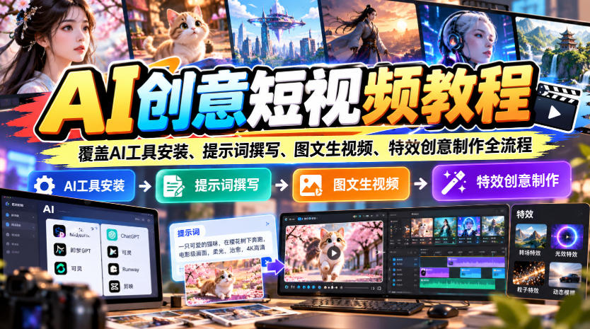 AI创意短视频教程，覆盖AI工具安装、提示词撰写、图文生视频、特效创意制作全流程-MFXUI中国站