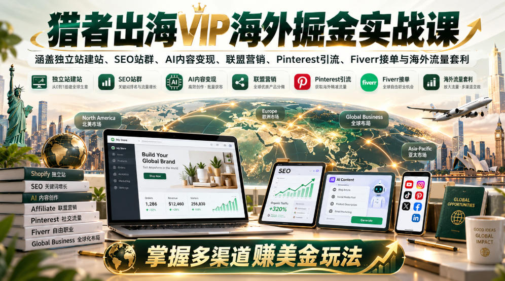 猎者出海VIP海外掘金实战课：涵盖独立站、SEO站群、AI变现、联盟营销、Pinterest引流、Fiverr接单与海外流量套利，掌握多渠道賺美金玩法-MFXUI中国站