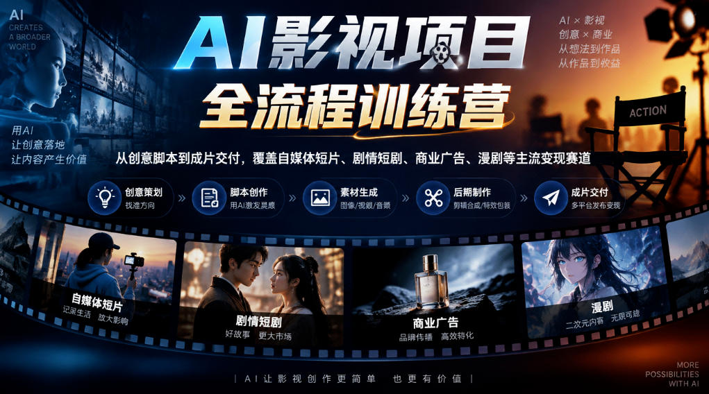 AI影视项目全流程训练营，从创意脚本到成片交付，覆盖自媒体短片、剧情短剧、商业广告、漫剧等主流变现赛道-MFXUI中国站