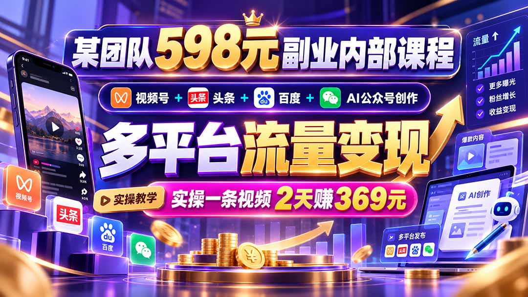 某团队598元副业内部课程:视频号+头条+百度+AI公众号创作、多平台流量变现,实操一条视频2天赚369元-MFXUI中国站