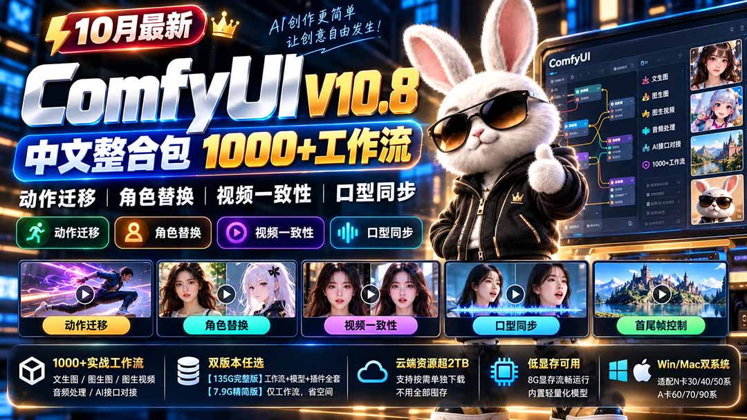 10月最新ComfyUI V10.8中文整合包 1000+工作流 动作迁移 角色替换 视频一致性 口型同步 低显存可用-MFXUI中国站